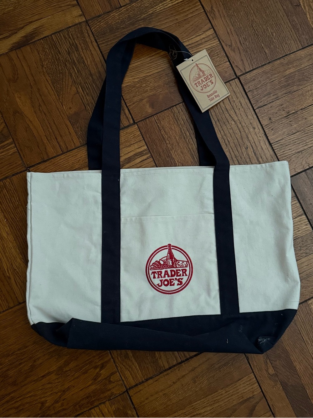 NWT. Large Trader Joe's Canvas Tote Bag 2 pockets. WH/BL